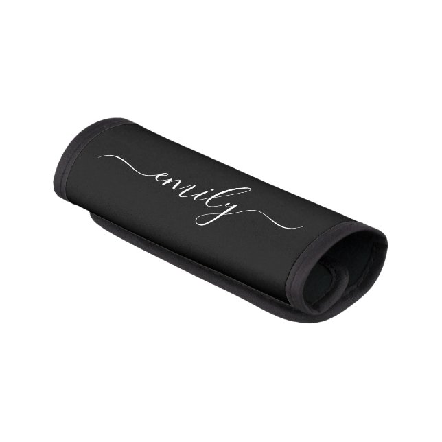 Black and White Modern Script Monogram Name Luggage Handle Wrap (Angled)