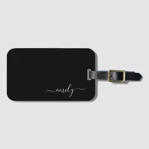 Black and White Modern Script Monogram Name Luggage Tag