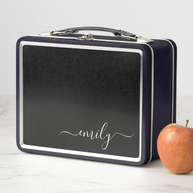 Black and White Modern Script Monogram Name Metal Lunch Box (In Situ)