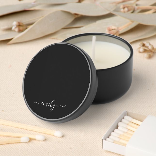 Black and White Modern Script Monogram Name Mini Candle Favors (Insitu)