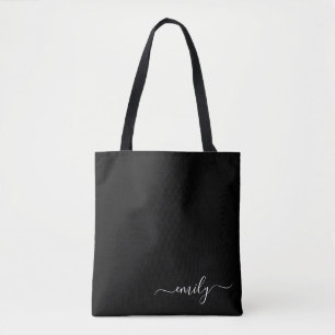 Black and White Modern Script Monogram Name Tote Bag