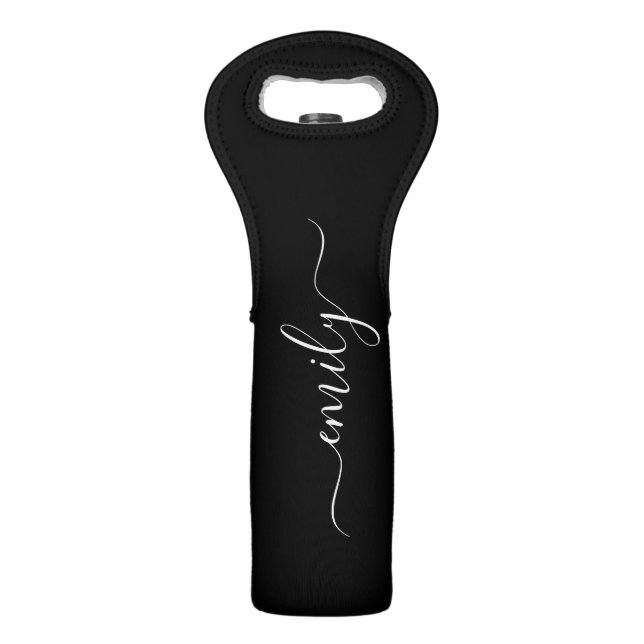 Black and White Modern Script Monogram Name Wine Bag (Front)