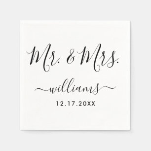 Black and White Modern Script Mr. and Mrs. Wedding Napkins