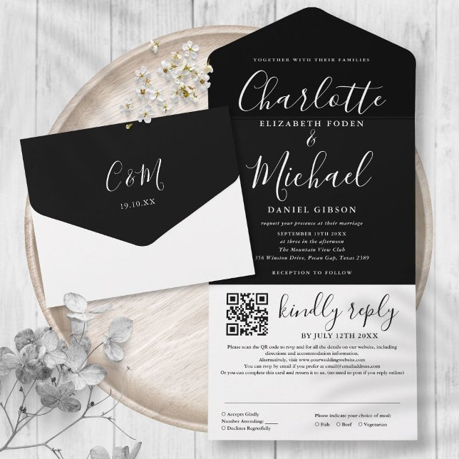 Black And White Modern Script QR Code Wedding All In One Invitation (Black And White Modern Script QR Code Wedding All In One Invitation)