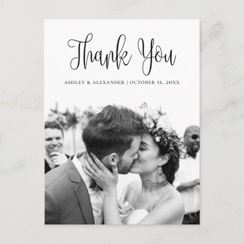 Black and white modern script wedding thank you postcard