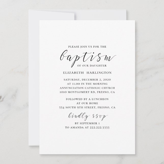 Black and white modern simple calligraphy baptism invitation (Front)