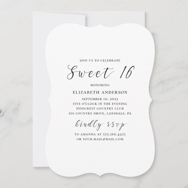 Black and white modern simple calligraphy Sweet 16 Invitation (Front)