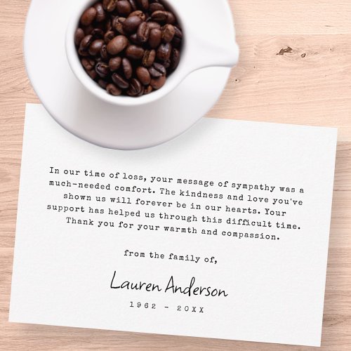 Black and White Modern Simple Typewritten Funeral Thank You Card