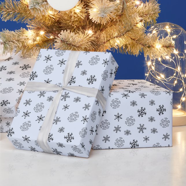 Black and White Modern Snowflakes Blue Christmas Wrapping Paper (Holidays)