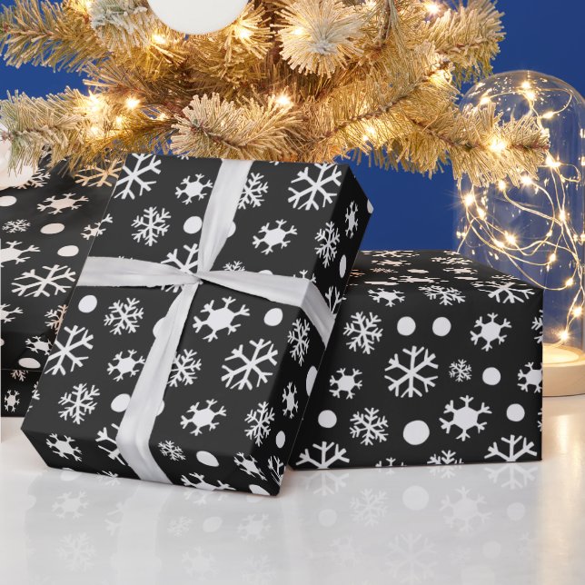 Black and White Modern Snowflakes Christmas Wrapping Paper (Holidays)