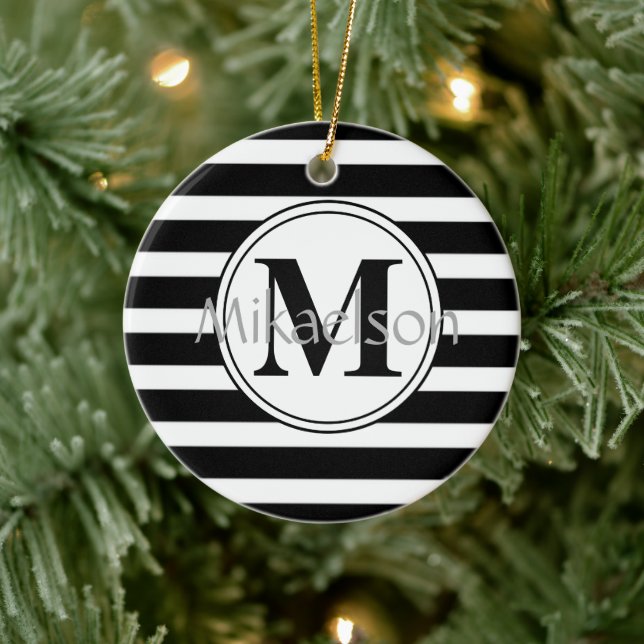 Black and White Modern Stripe Monogram Ceramic Ornament (Tree)