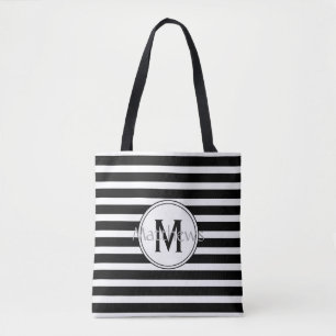 Black and White Modern Stripe Monogram Tote Bag