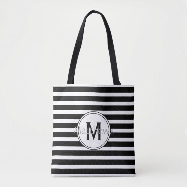 Black and White Modern Stripe Monogram Tote Bag (Front)