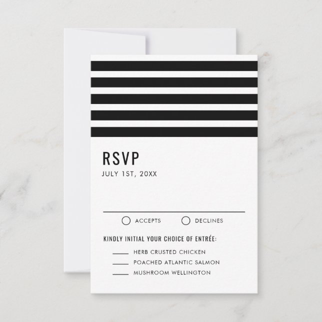 Black and White Modern Stripes Wedding Entree RSVP Card (Front)