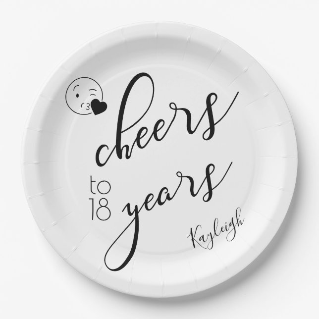 Black and White Modern Text Cheers to 18 Years Paper Plates (Front)
