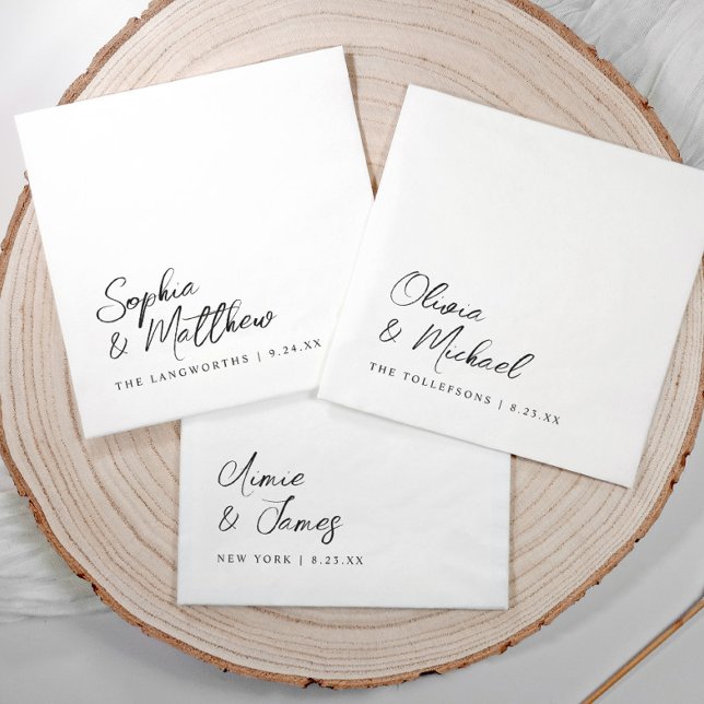 Black and White Modern Trendy Handwritten Wedding Napkins (Modern black and white wedding napkins with handwritten script names and date in lower corner.)