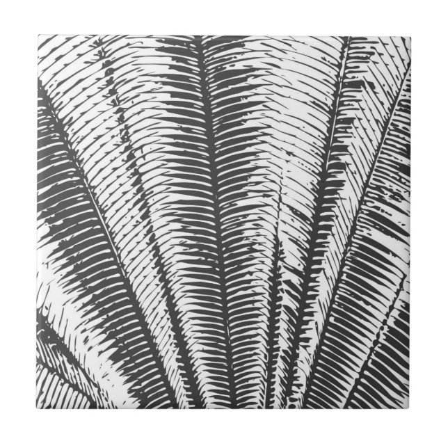 Black and White Modern Tropical Palm Fronds Tile (Front)