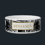 Black and White Modern Tropical Pattern Name Bowl<br><div class="desc">Fancy cats and dogs need elegant food bowls like one with our modern tropical palm leaf pattern that has a gold colored personalized name. Personalize a set of bowls for the beach vacation house or let it stand out in a modern kitchen. Part of a coordinated set of unique pet...</div>
