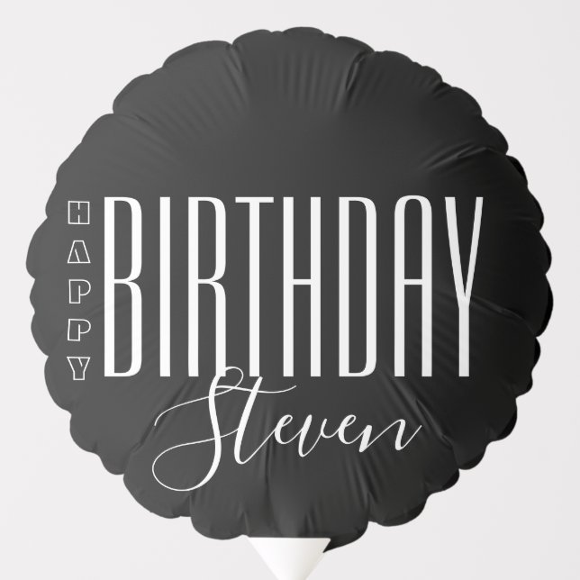 Black And White Modern Typography Happy Birthday Balloon (Front)