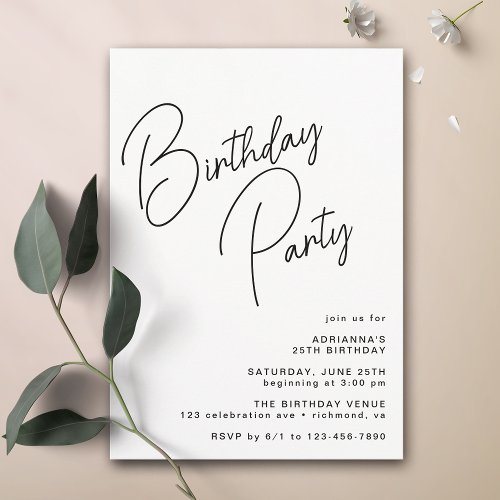 Black and White Modern Typography Simple Birthday Invitation