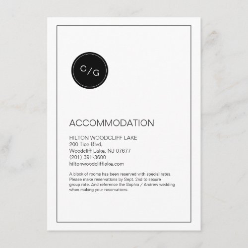 Black and white modern wedding accommodation card