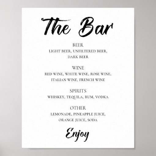 Black and white modern wedding alcohol drinks bar poster | Zazzle