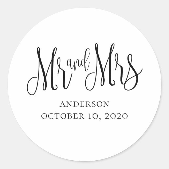 Black and white modern wedding. Mr and mrs simple Classic Round Sticker (Front)