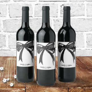 Black and White Modern Wedding Watercolor Bow Chic Wine Label