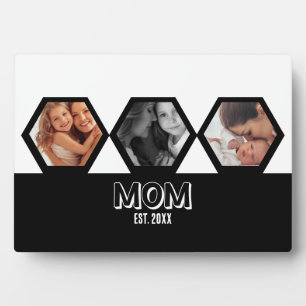 Black and White Mom Established Hexagon 3 photo Plaque