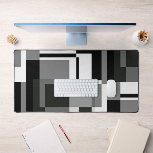 Black And White Mondrian Style Abstract Geometric Desk Mat