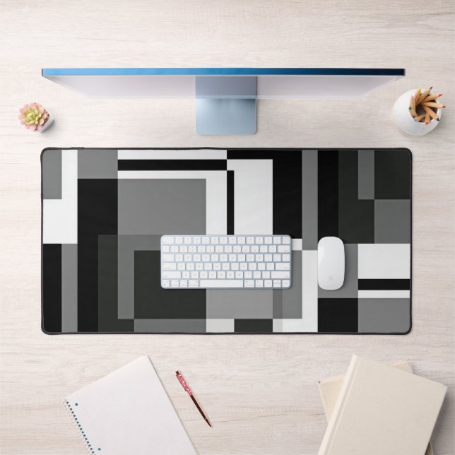 Black And White Mondrian Style Abstract Geometric Desk Mat (Office 1)