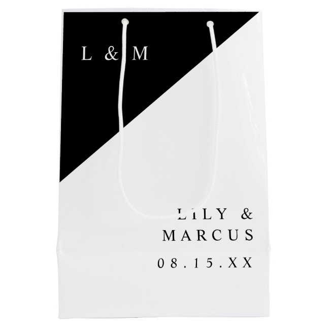 Black And White Mongoram Minimalist Wedding Medium Gift Bag (Back)