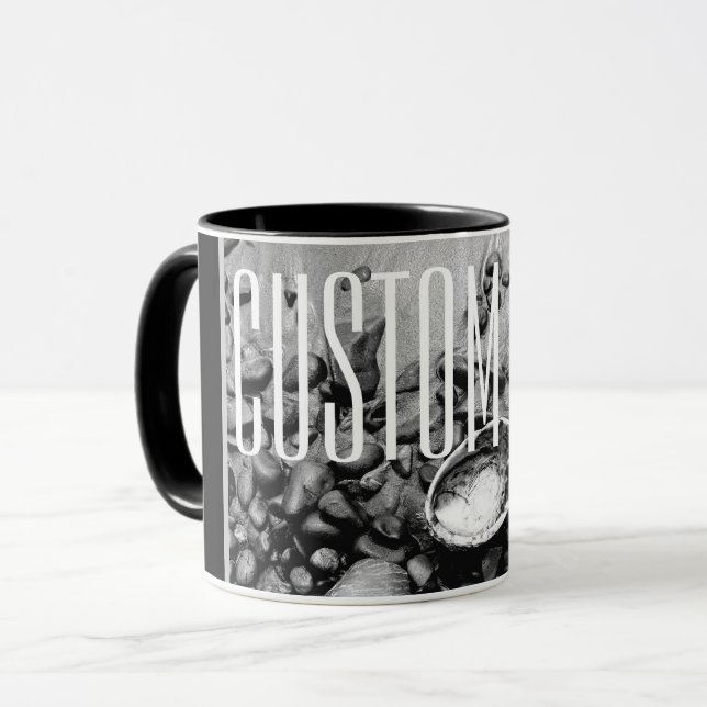 BLACK AND WHITE MONOCHROME BEACH PHOTO SHELL STONE MUG (Front Left)
