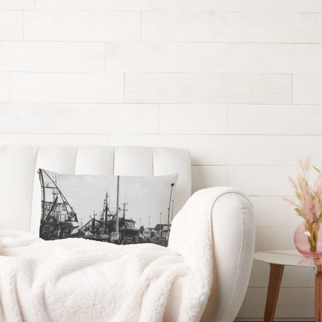 Black And White Monochrome Harbour Boats Lumbar Pillow (Couch)