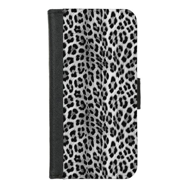 Black and white monochrome, leopard pattern iPhone wallet case (Front)