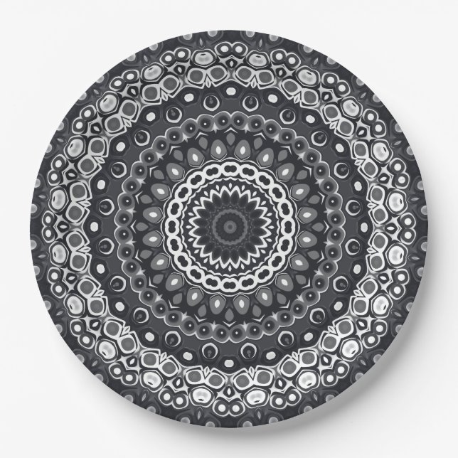 Black and White Monochrome Mandala Pattern Paper Plates (Front)