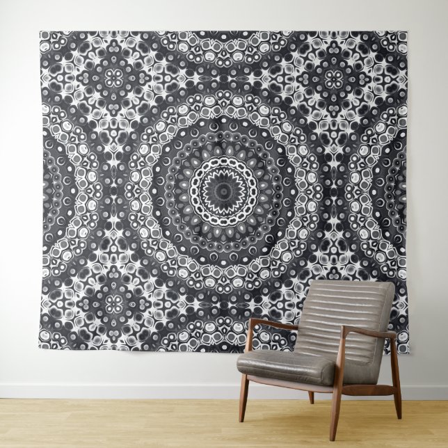 Black and White Monochrome Mandala Pattern Tapestry (In Situ (Horizontal))