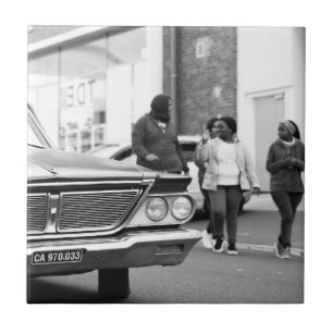 Black And White Monochrome Old Car People City Ceramic Tile