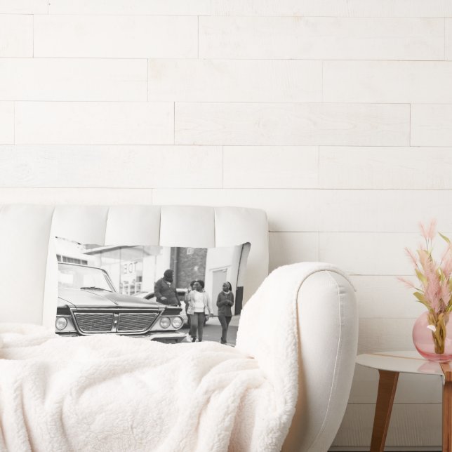 Black And White Monochrome Old Car People City Lumbar Pillow (Couch)