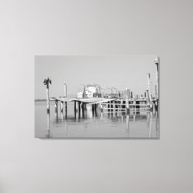 Black And White Monochrome Sea Ocean Pier Birds Canvas Print (Front)