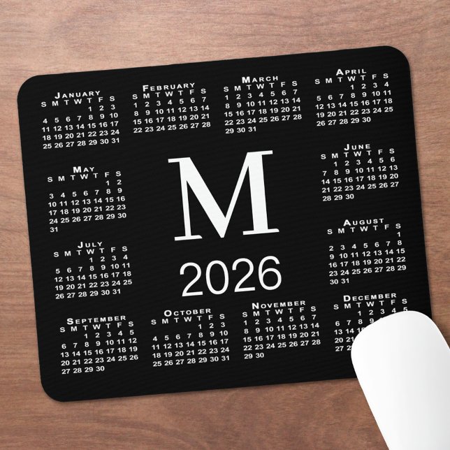 Black and White Monogram 2026 Calendar Mouse Pad (Black and White Monogram 2026 Calendar Mouse Pad, in situ)