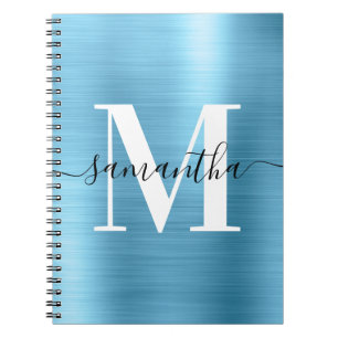 Black and White Monogram Baby Blue Foil Notebook