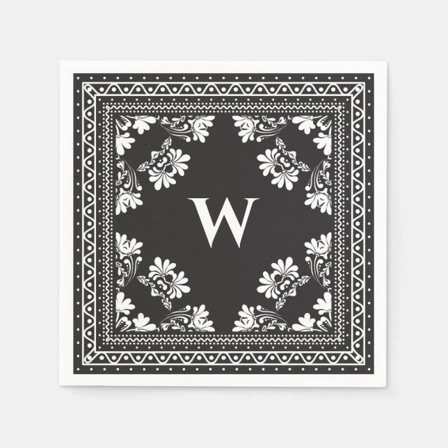 black and white monogram bandanna pattern napkins (Front)