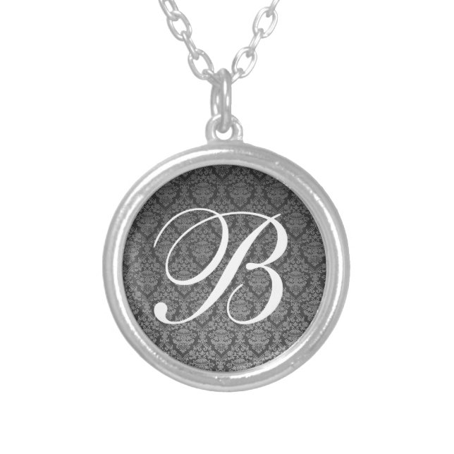 Black and white monogram calligraphy art silver plated necklace (Front)
