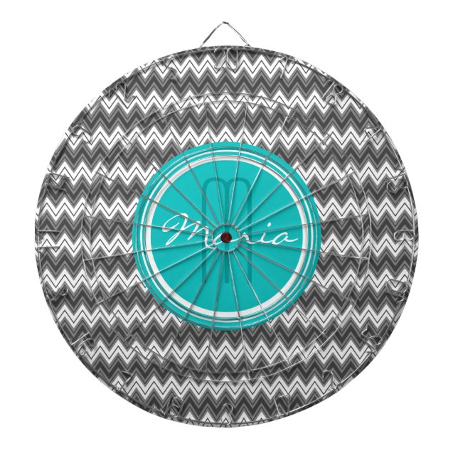 Black And White Monogram Chevron Geometric Pattern Dartboard With Darts (Front)