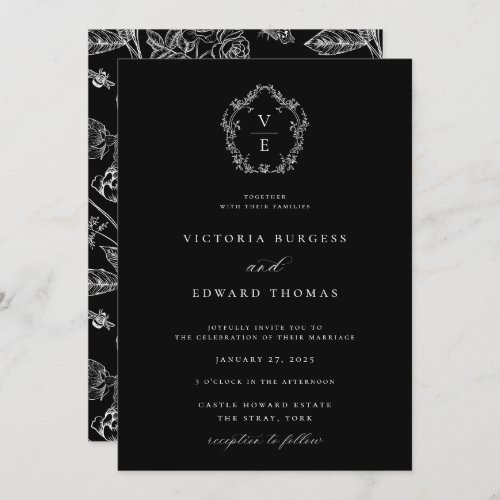 Black and White Monogram Crest Wedding Invitation
