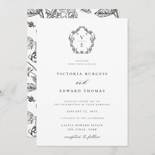 Black and White Monogram Crest Wedding Invitation (Front/Back)