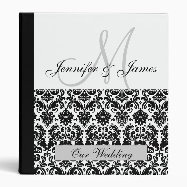 Black and White Monogram Damask Wedding Planner Binder (Front)
