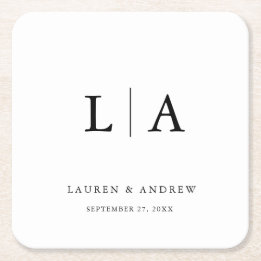 Black and White Monogram Elegant Simple Wedding Square Paper Coaster