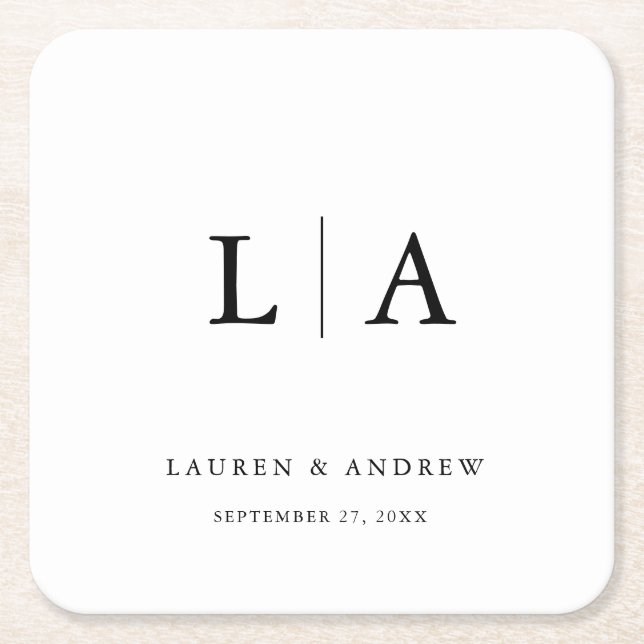 Black and White Monogram Elegant Simple Wedding Square Paper Coaster (Front)